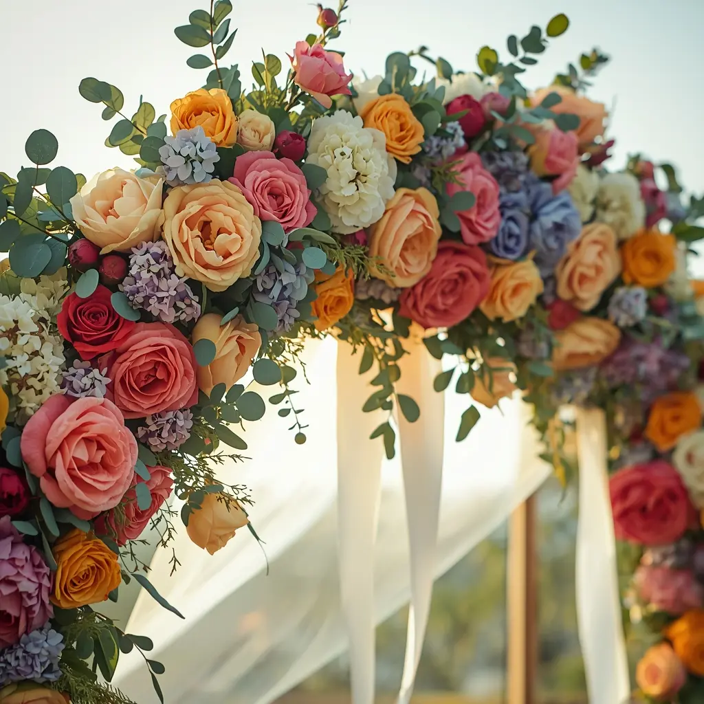 Detaljerad blomsterbåge för bröllop